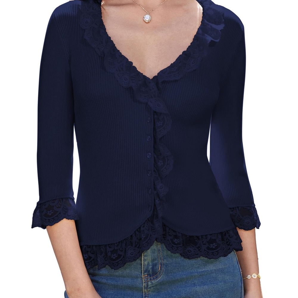Women's Navy Lace Trim Cardigan